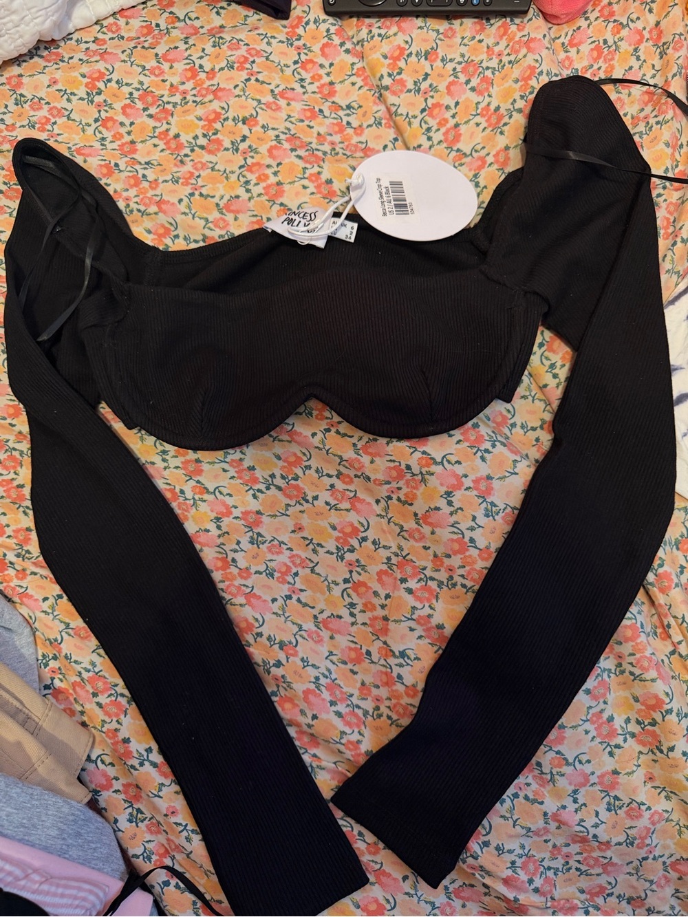 Princess Polly Black Ribbed Long Sleeve Underwire Crop Top